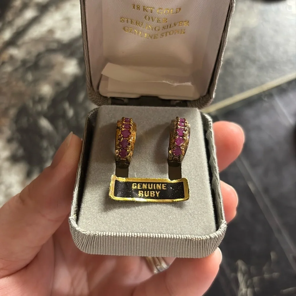 Genuine Ruby Gold Hoop Earrings - Picture 3 of 7